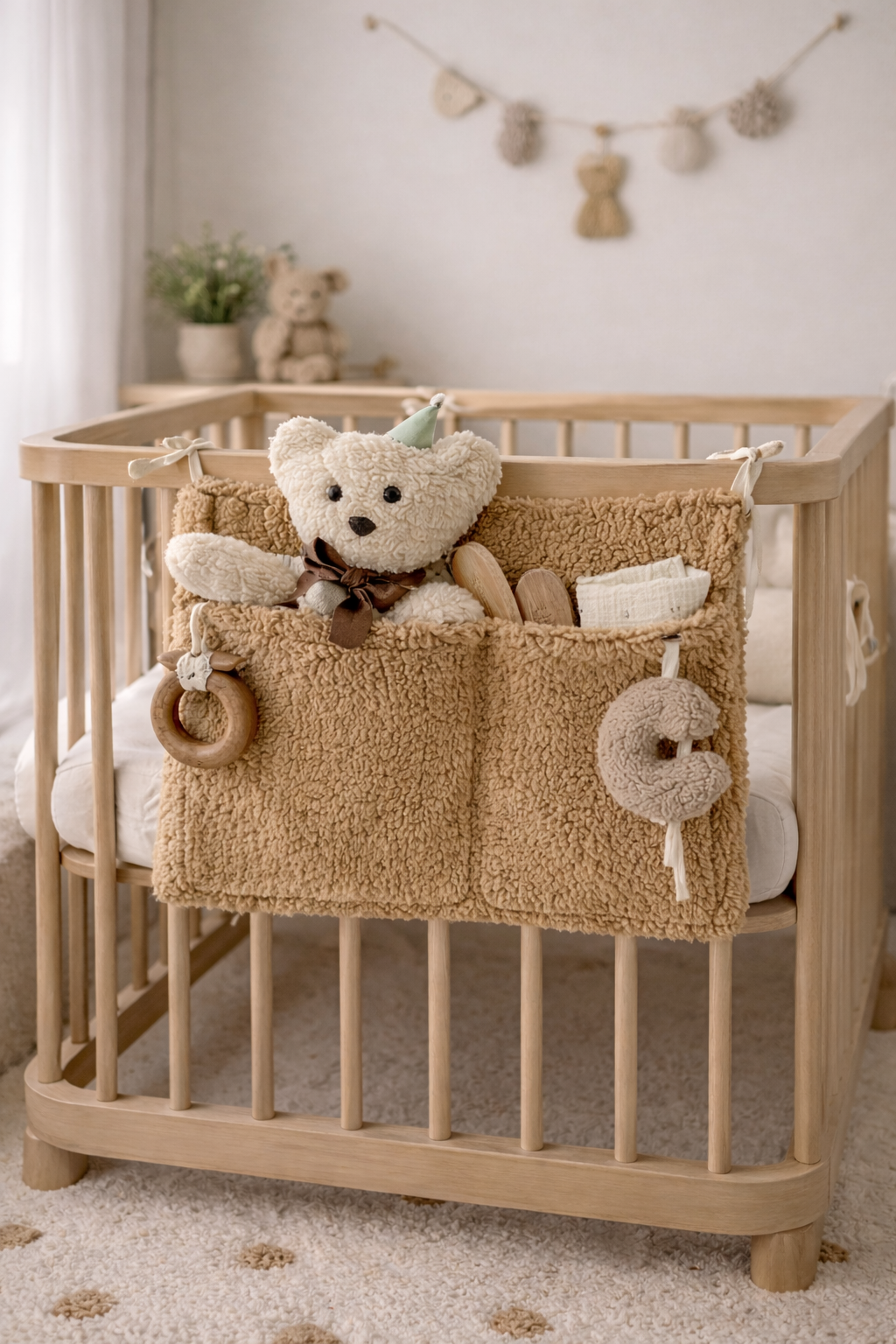 Kahverengi Teddy Çok Amaçlı Beşik Kenarı Düzenleyici 50x40 cm – 2 Cepli Bebek Organizer