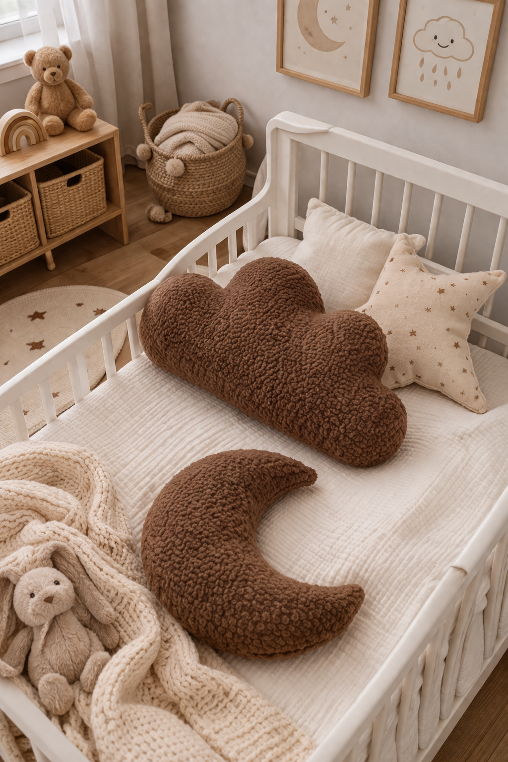 Kahverengi Teddy Moon Ay Yastık ve Bulut Bebek Çocuk Odası Aksesuarı (2'li Set)