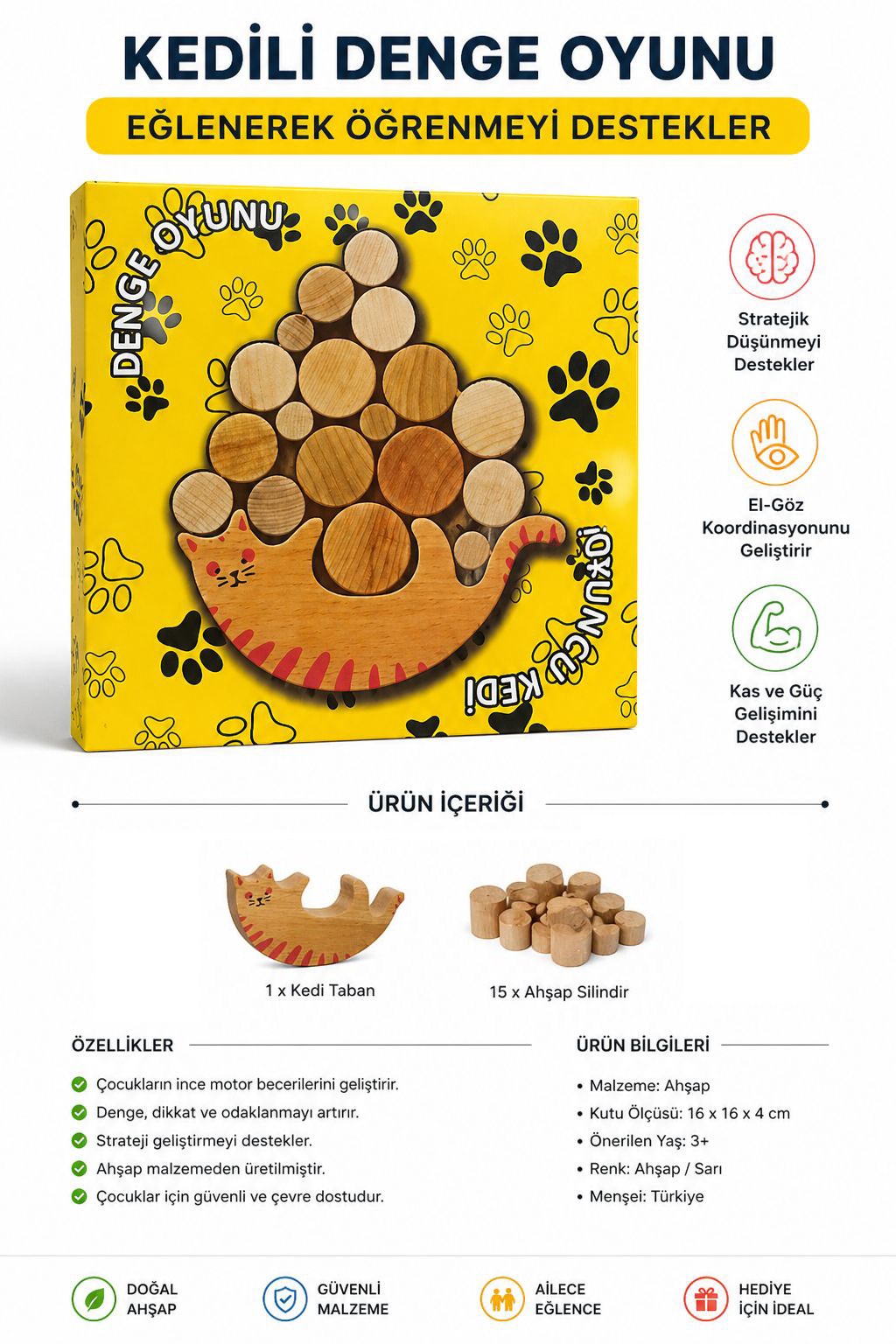 Kedili Ahşap Denge Oyunu – Çocuklar İçin Eğitici ve Eğlenceli Zeka Oyuncağı (3+ Yaş)