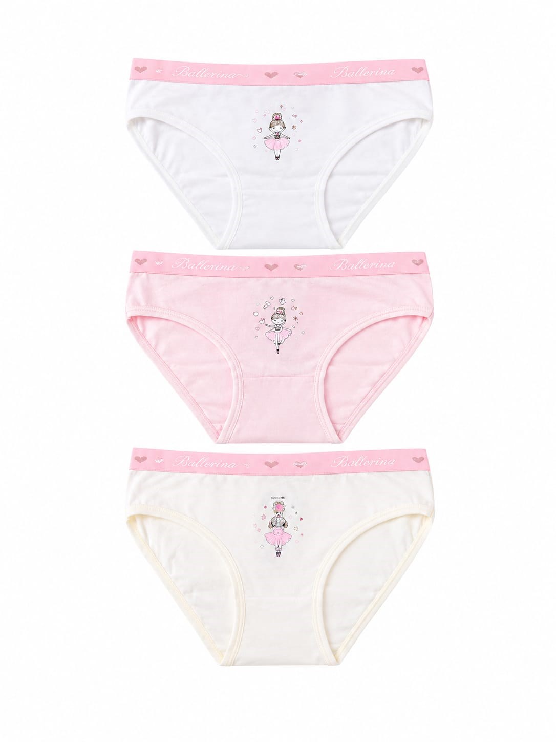 Kız Çocuk Balerin Baskılı Slip Külot 3'lü Paket – Beyaz, Pembe, Ekru