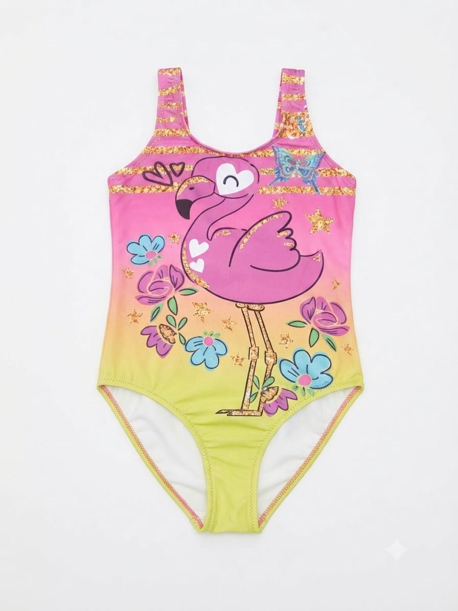 Kız Çocuk Flamingo ve Çiçek Desenli Ombre Renkli Mayo (Çoklu Beden Seçeneği)