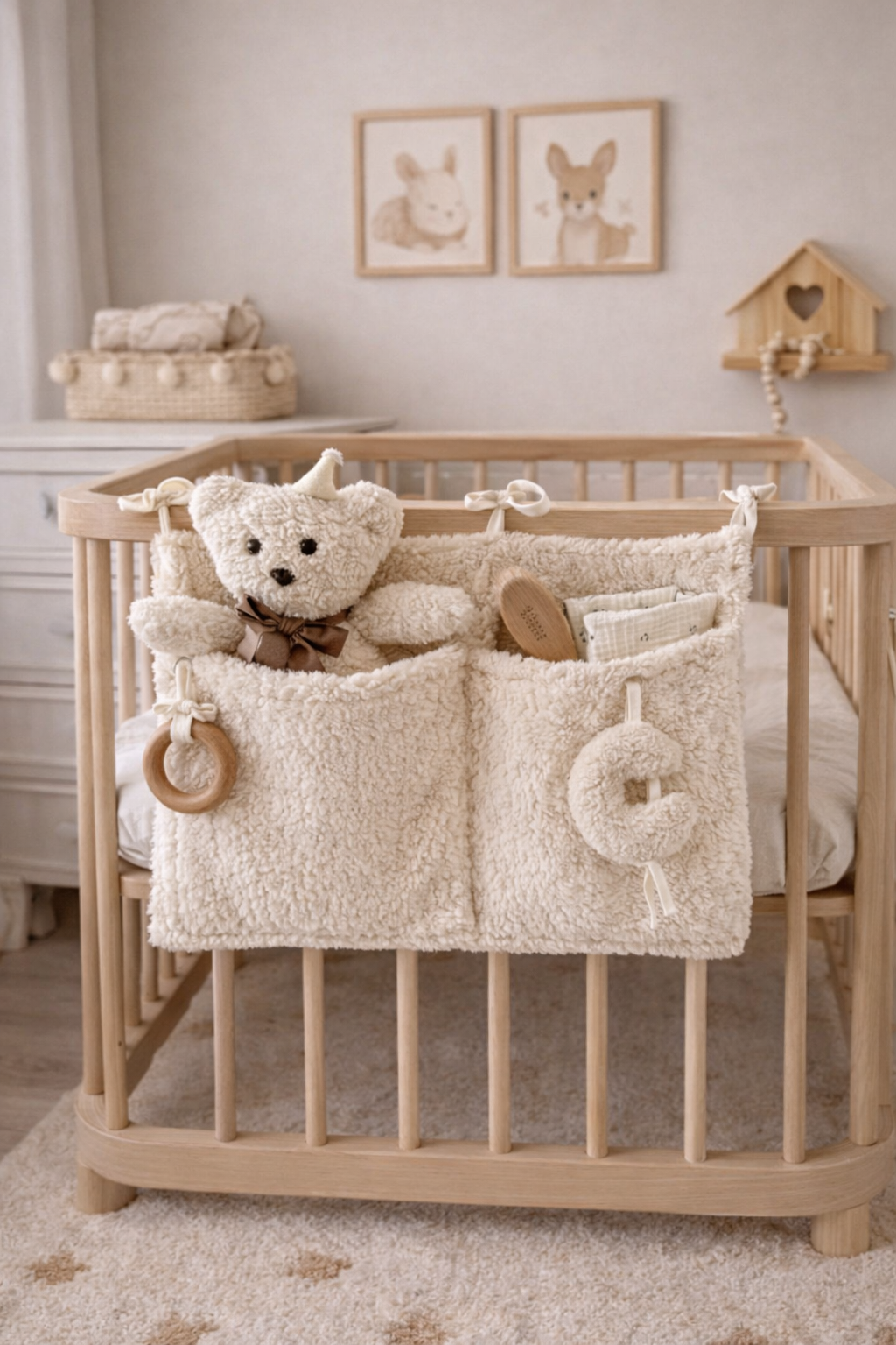 Krem Teddy Çok Amaçlı Beşik Kenarı Düzenleyici 50x40 cm – 2 Cepli Bebek Organizer