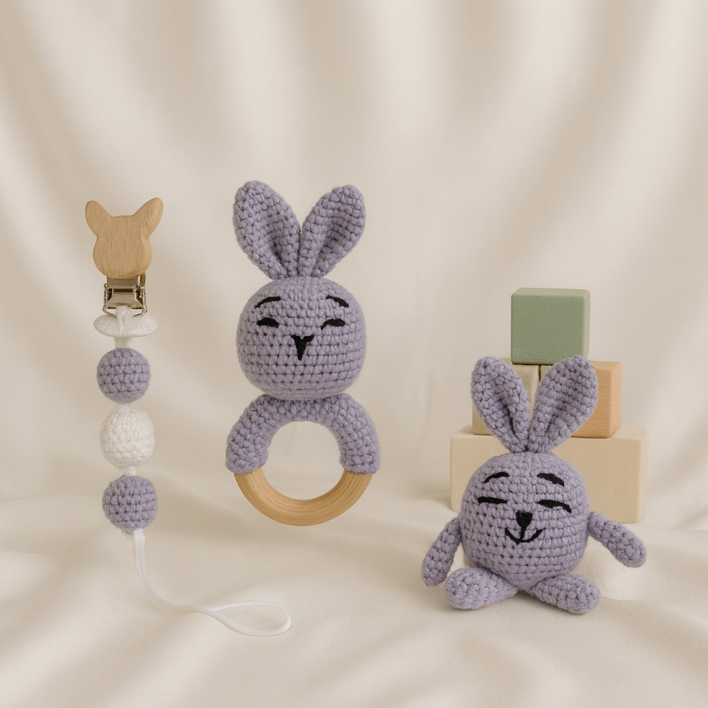 Mor Renk Tavşan Set Amigurumi Oyuncak Çıngırak ve Emzik Zinciri Üçlü Set