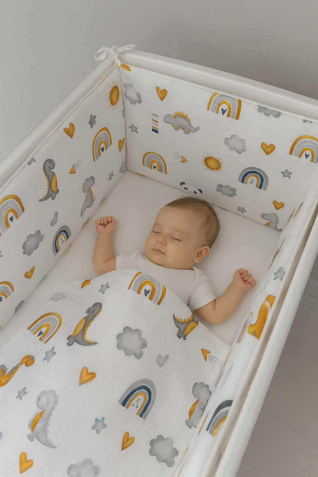 Müslin Dinozor Beşik Kenar Koruyucu Beşik Kenar Koruma %100 Pamuk Kumaş