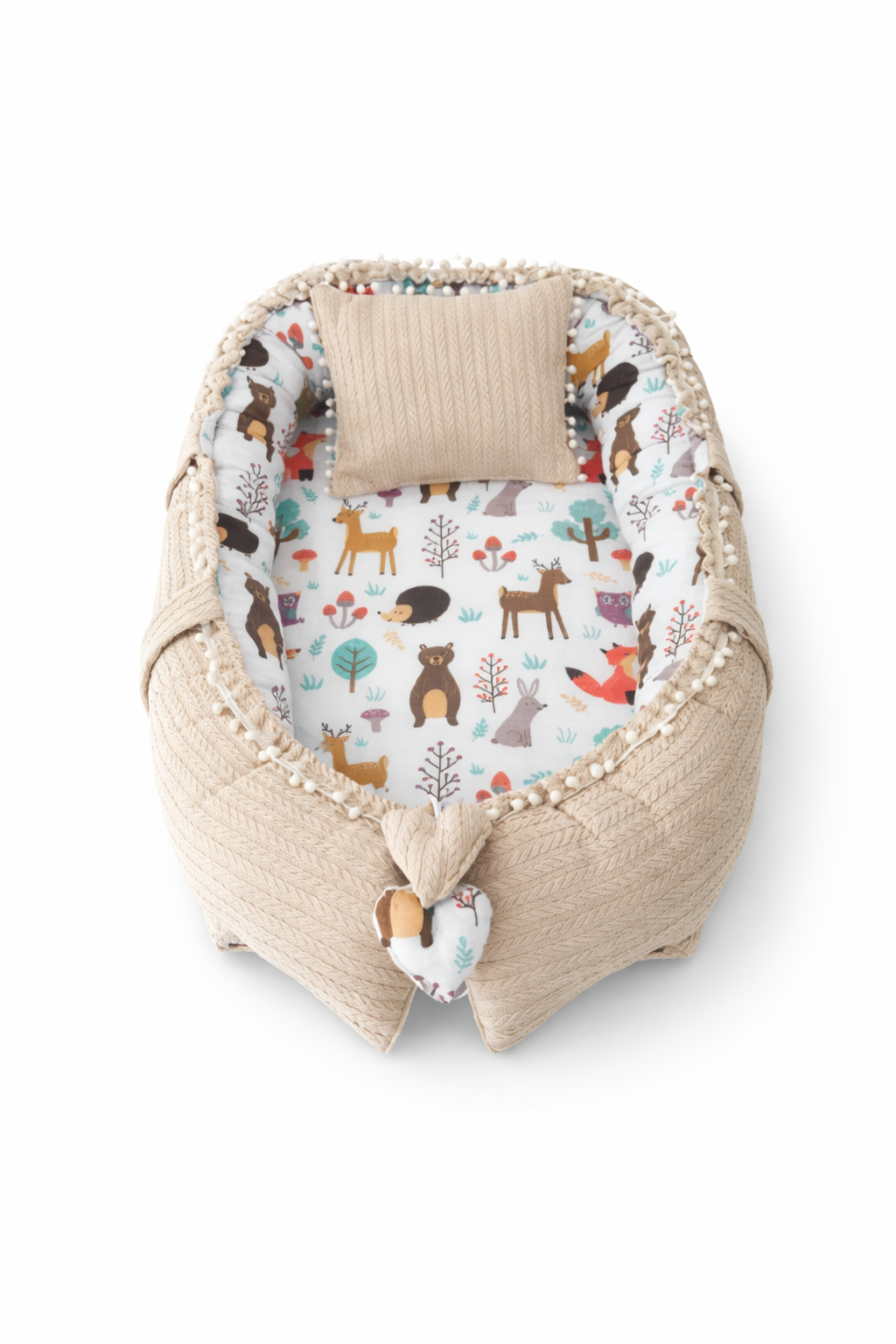 Orman Desenli Bej Örgü Kumaş Lüx Babynest - Güvenli Bebek Uyku Yatağı