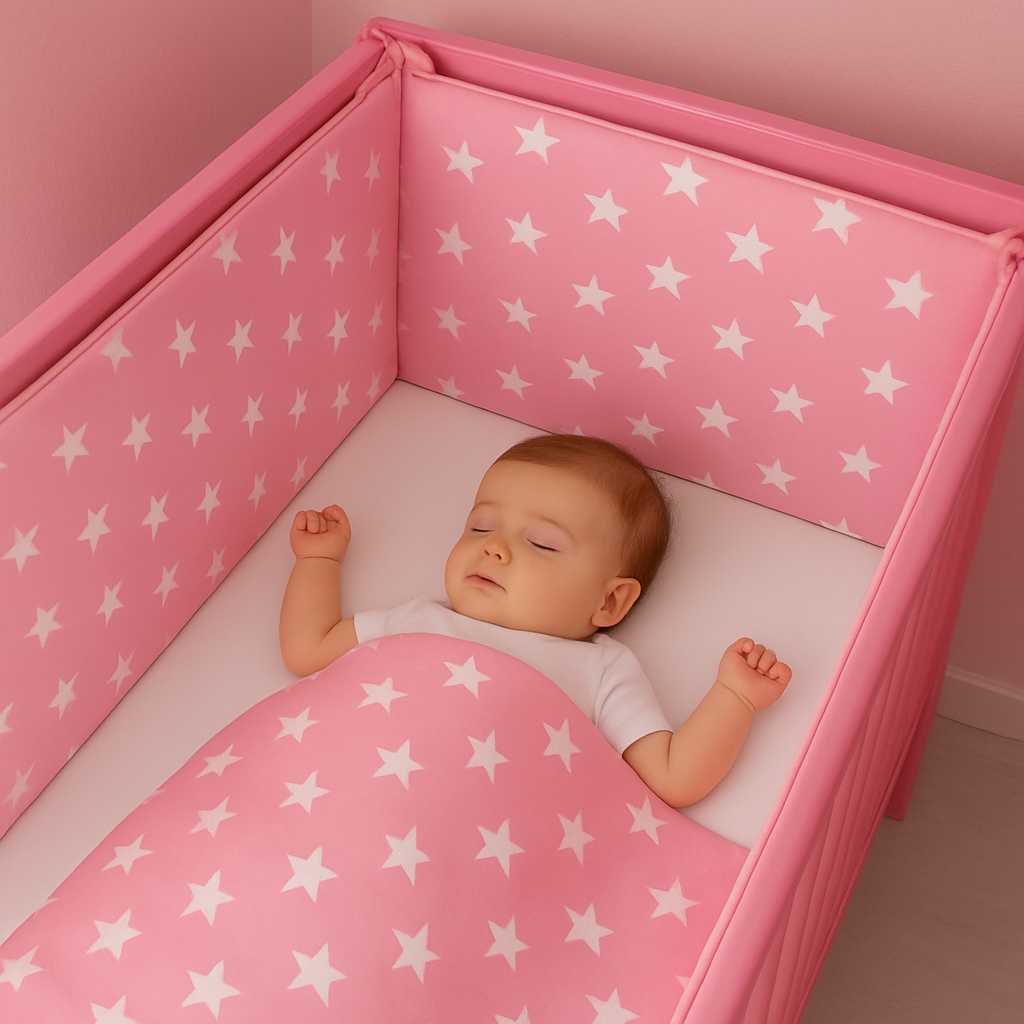 Pembe Zemin Yıldız Beşik Kenar Koruyucu Beşik Kenar Koruma %100 Pamuk Kumaş