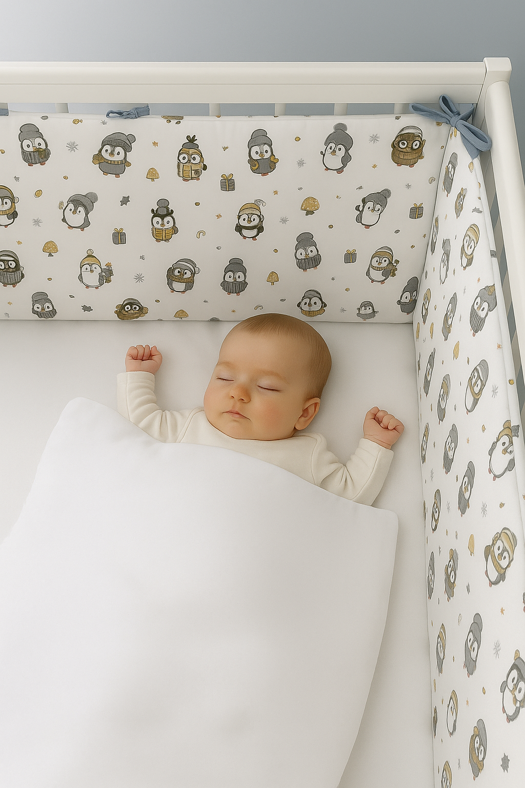 Penguen (4 Kenar) Beşik Kenar Koruyucu Beşik Kenar Koruma %100 Pamuk Kumaş