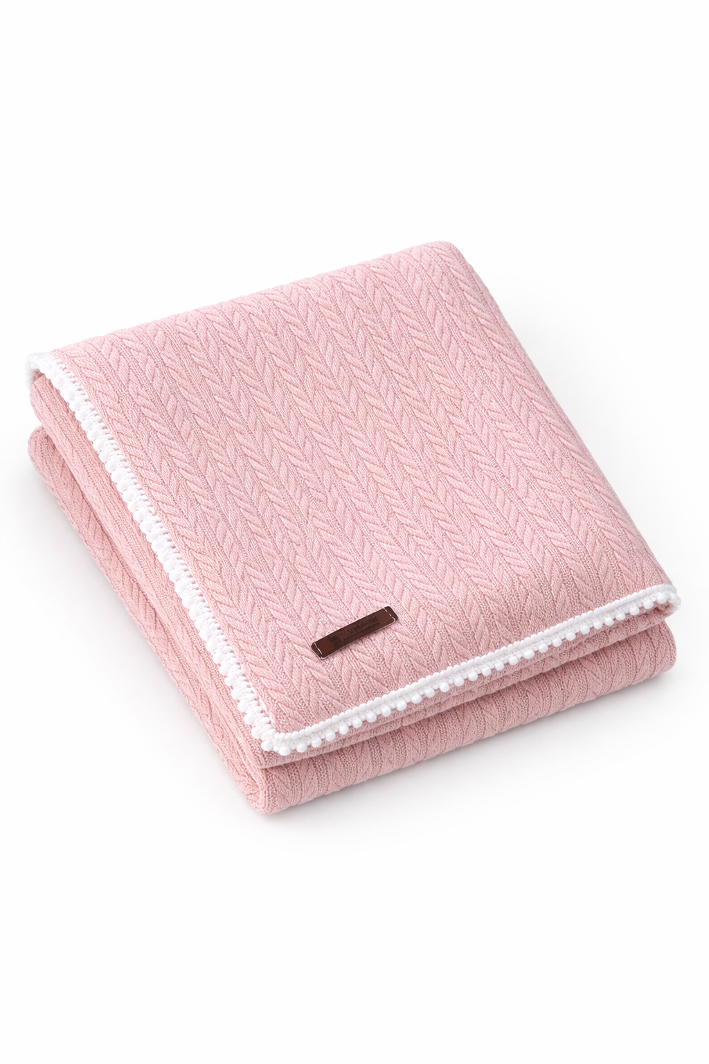 Pudra Pembe 110x110 cm İnce Ponpon Kenarlı Örgü Pike Bebek Battaniyesi