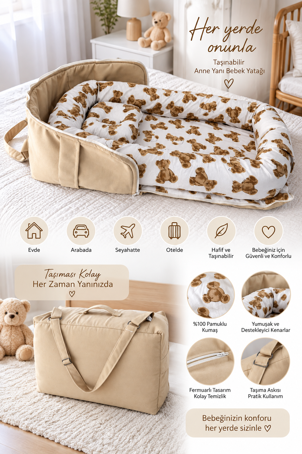 Sevimli Ayıcık Taşınabilir Babynest & Taşıma Çantası – Katlanabilir, Büyüyebilen ve Seyahat Dostu Bebek Yatağı