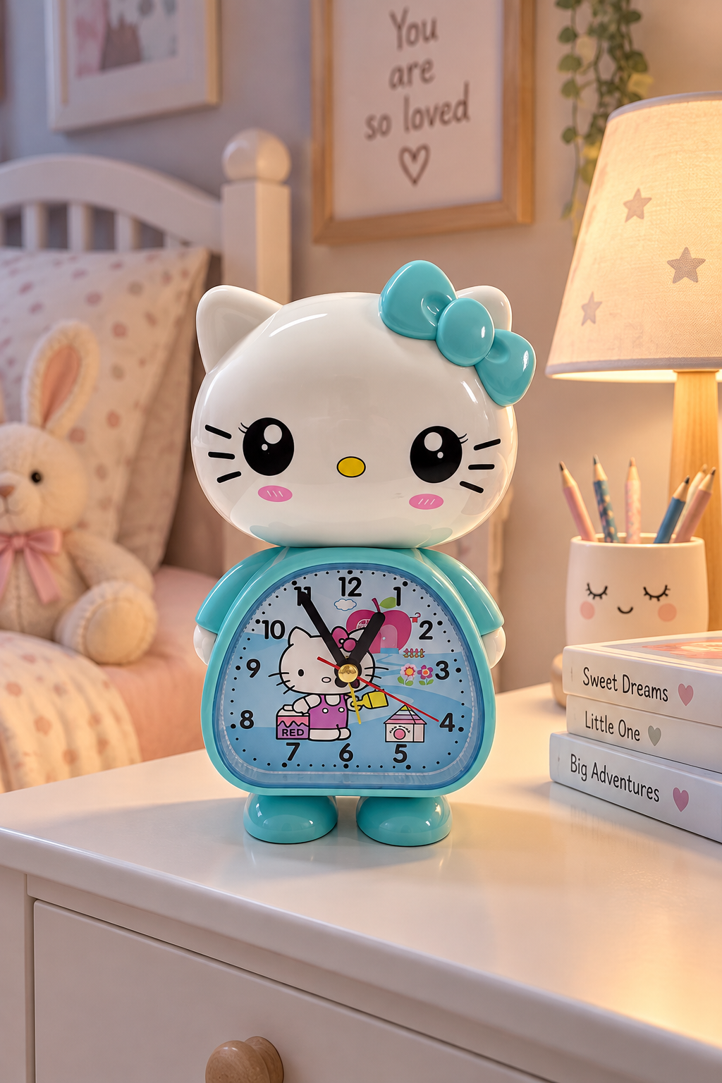 Sevimli Kedi Figürlü Çocuk Alarm Saati 16 cm – Turkuaz Masa ve Komodin Saati