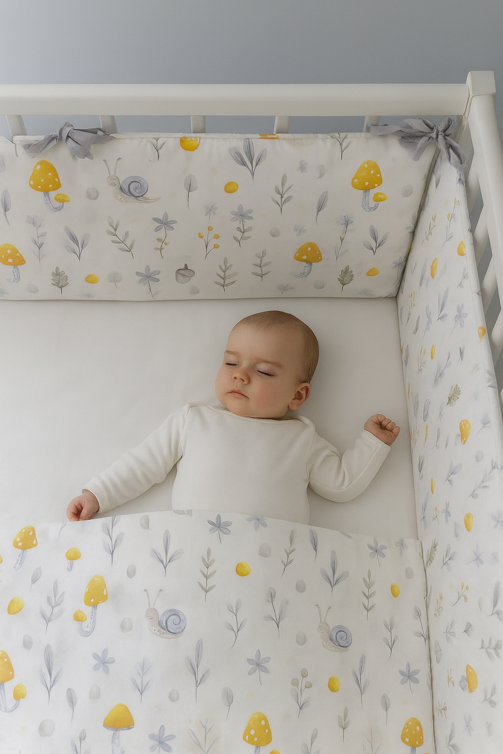 Sevimli Mantar (4 Kenar) Beşik Kenar Koruyucu %100 Pamuk Kumaş Beşik Kenar Koruma