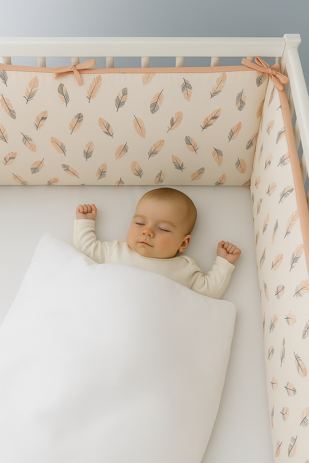 Tüy ve Somon Renk (4 Kenar) Beşik Kenar Koruyucu Beşik Kenar Koruma %100 Pamuk Kumaş