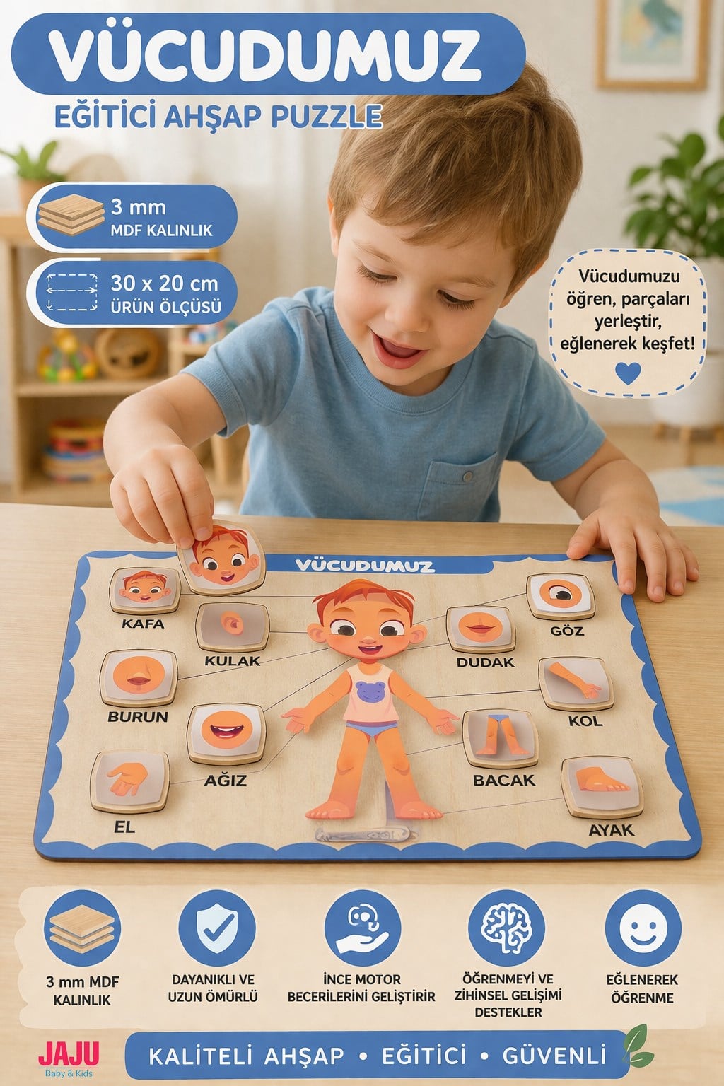 Vücudumuz Eğitici Ahşap Puzzle 30x20 cm — 3 mm MDF Çocuk Gelişim Oyuncağı