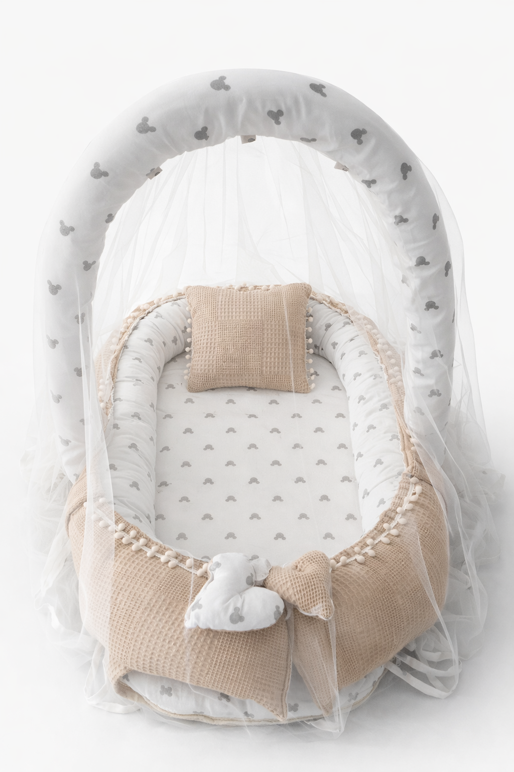 Waffle Pike Gümüş Mickey Tasarım Oyuncak Aparat ve Cibinlik Tüllü Babynest Set