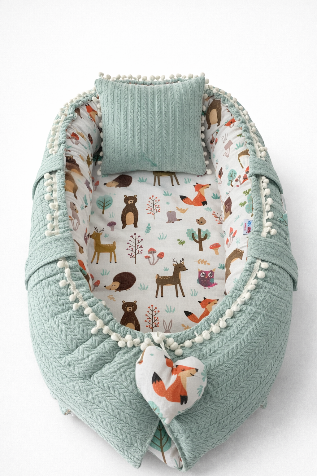Yeşil Örgü Kumaş ve Orman Desenli Lüx Babynest - Premium Babynest