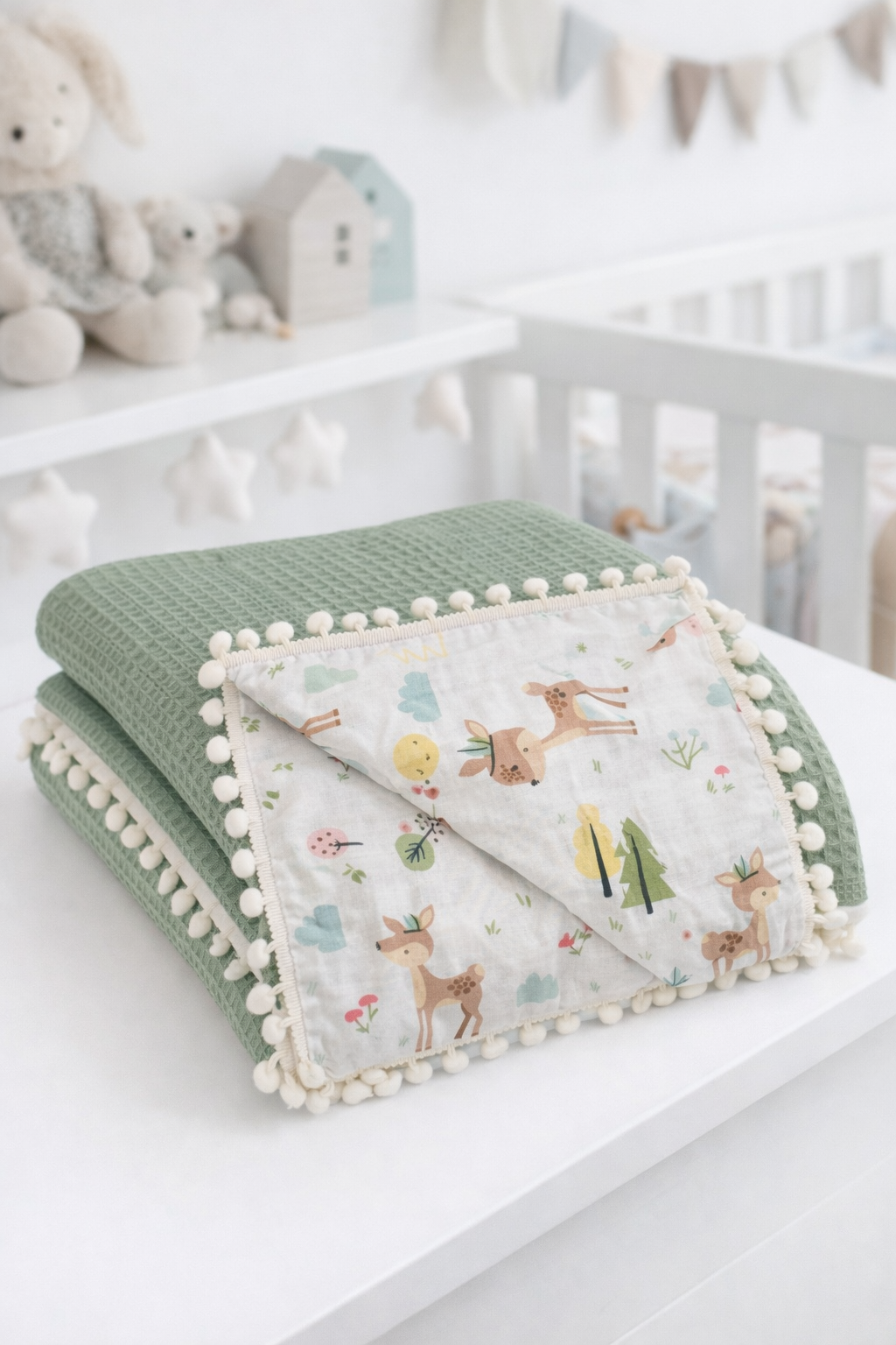 Yeşil Wafle Pike Kumaş Ceylan Tasarım Ponponlu Bebek Battaniyesi 110x110 cm