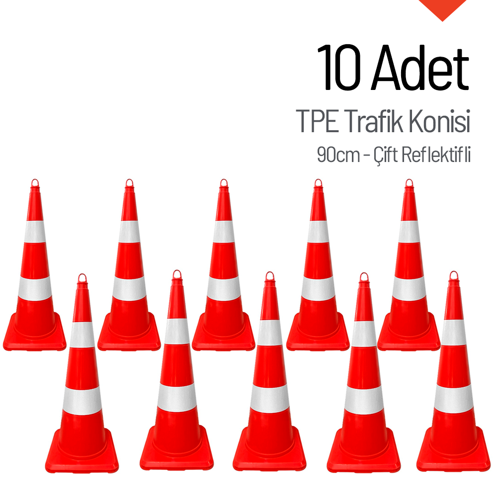 10 Adet TPE Trafik Konisi 90 cm Çift Reflektifli Trafik Dubası Seti