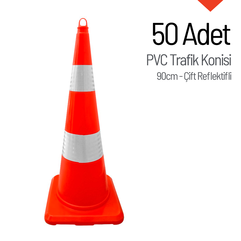 50 Adet PVC Trafik Konisi 90 cm Çift Reflektifli Trafik Dubası Seti