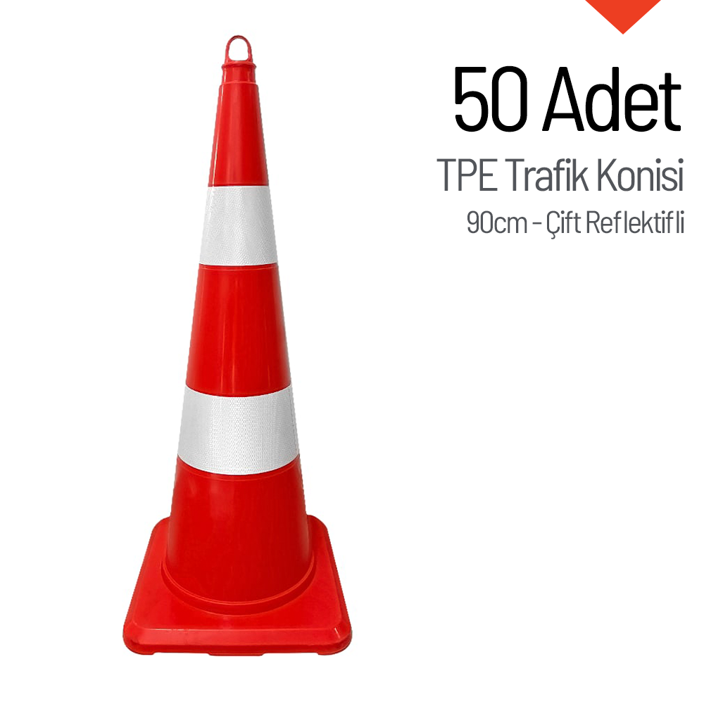 50 Adet TPE Trafik Konisi 90 cm Çift Reflektifli Trafik Dubası Seti