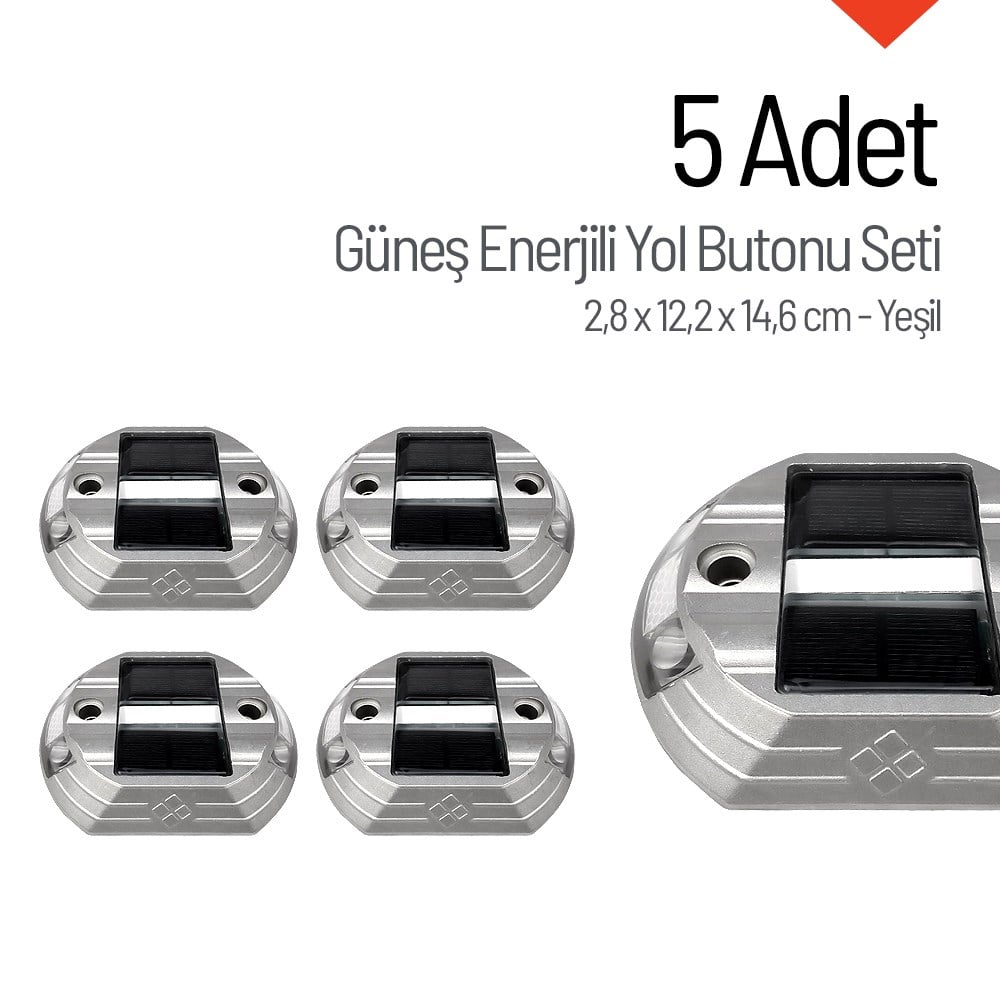 5li Set Güneş Enerjili Yol Butonu Yeşil, Solar Çakar Buton