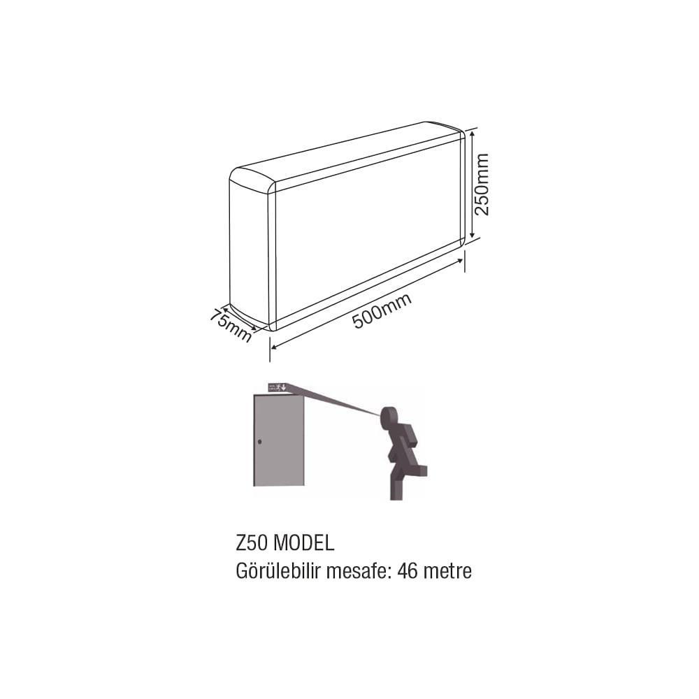 Çiftyüz Acil Çıkış Yönlendirme Armatürü Z Seri 75 x 500 x 250mm