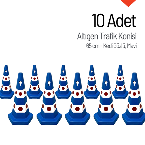 10 Adet Kedi Gözlü Mavi Altıgen Trafik Konisi 65 cm Ağırlıklı Trafik Dubası Seti