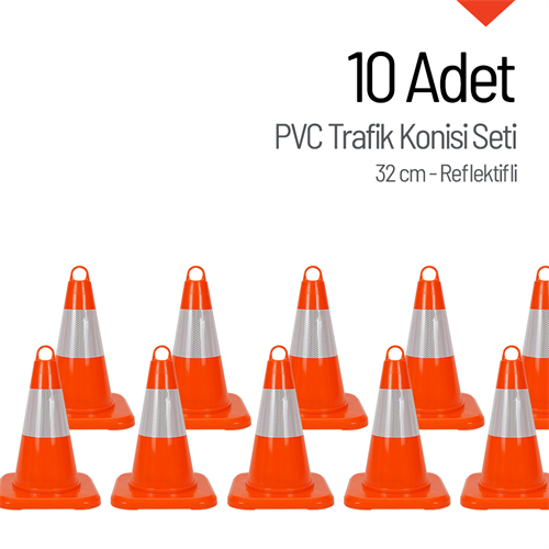 10 Adet PVC Trafik Konisi 32 cm Reflektifli Trafik Dubası Seti