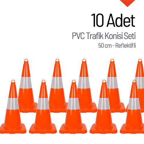 10 Adet PVC Trafik Konisi 50 cm Reflektifli Trafik Dubası Seti