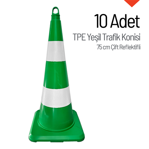 10 Adet TPE Yeşil Trafik Konisi 75 cm Çift Reflektifli - Ağırlıksız Trafik Dubası