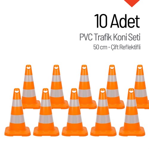 10 Adet Trafik Konisi 50 cm Çift Reflektifli Trafik Dubası