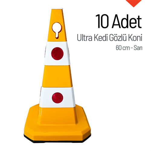 10 Adet Ultra Kedi Gözlü Koni Sarı Ağırlıklı 60 cm Trafik Dubası