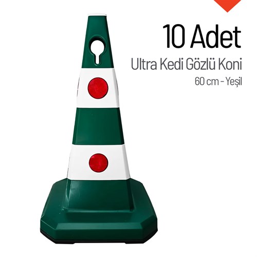 10 Adet Ultra Kedi Gözlü Koni Yeşil Ağırlıklı 60 cm Trafik Dubası