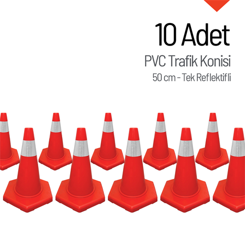 10lu PVC Trafik Konisi Seti 50 cm Tek Reflektifli Trafik Dubası