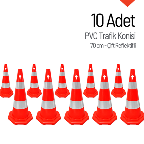 10lu PVC Trafik Konisi Seti 70 cm Çift Reflektifli Sekizgen Trafik Dubası