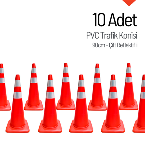 10lu PVC Trafik Konisi Seti 90 cm Çift Reflektifli 