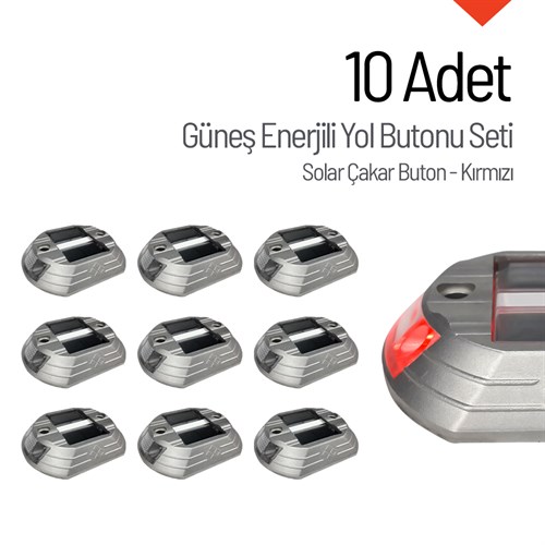 10`lu Set Güneş Enerjili Yol Butonu Kırmızı, Solar Çakar Buton