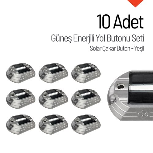 10`lu Set Güneş Enerjili Yol Butonu Yeşil, Solar Çakar Buton