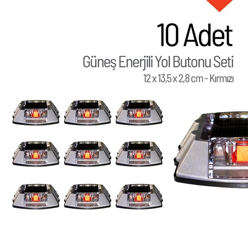 10lu Set Kırmızı Solar Çakar Yol Butonu, Poliüretan Taban