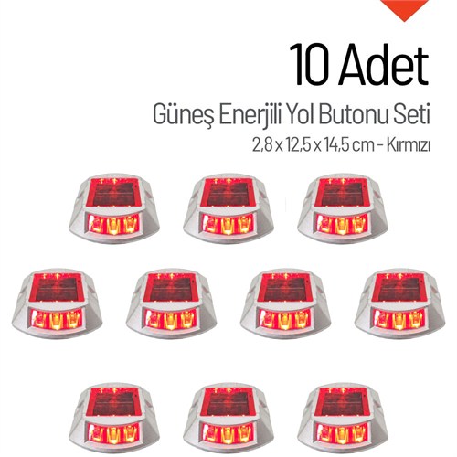 10lu Set Kırmızı Solar Yol Butonu 3+3 Ledli