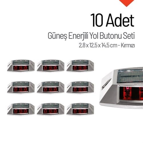 10lu Set Kırmızı Solar Yol Butonu 3x3 Ledli