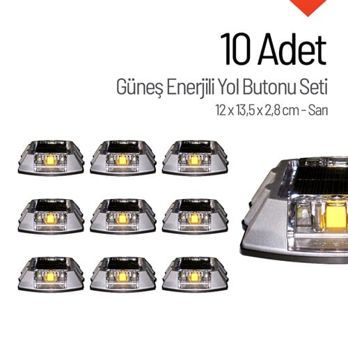10lu Set Sarı Solar Çakar Yol Butonu, Poliüretan Taban