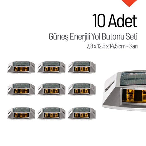 10'lu Set Sarı Solar Yol Butonu 3x3 Ledli