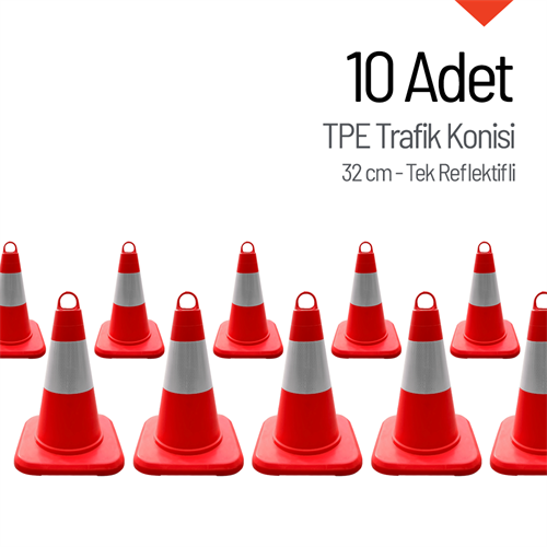 10lu TPE Trafik Konisi Seti 32 cm Tek Reflektifli Trafik Dubası