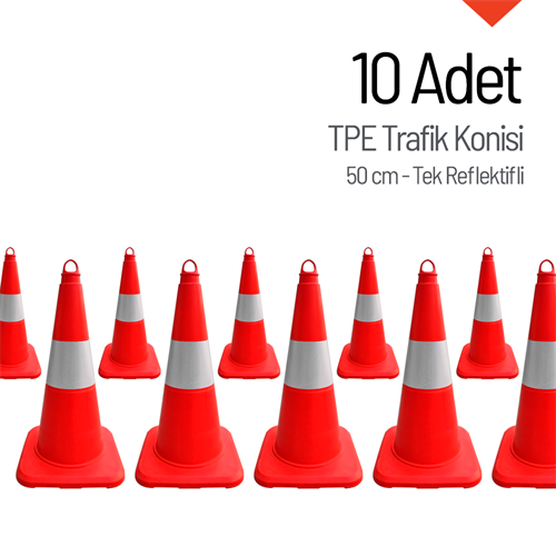 10lu TPE Trafik Konisi Seti 50 cm Tek Reflektifli Trafik Dubası