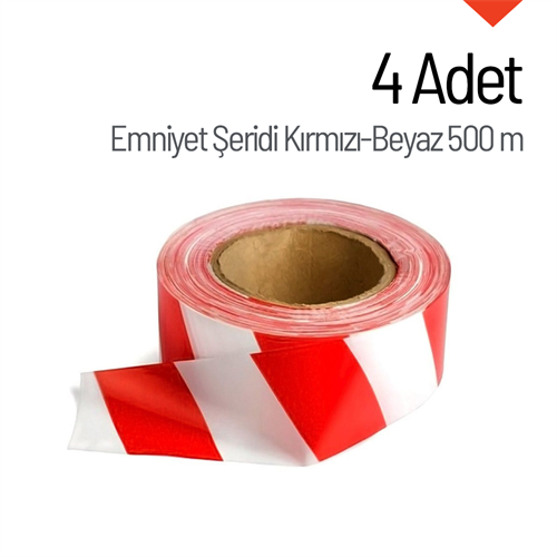 4 Adet Emniyet Şeridi Kırmızı-Beyaz 500 mt, İkaz Bandı, Güvenlik Şeridi