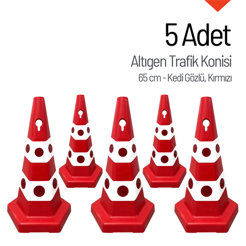 5 Adet Kedi Gözlü Altıgen Trafik Konisi 65 cm Trafik Dubası Seti