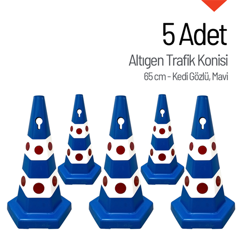 5 Adet Kedi Gözlü Mavi Altıgen Trafik Konisi 65 cm Ağırlıklı Trafik Dubası Seti