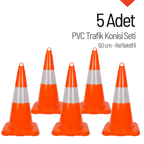 5 Adet PVC Trafik Konisi 50 cm Reflektifli -Ağırlıksız Trafik Dubası Seti