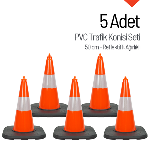 5 Adet PVC Trafik Konisi 50 cm Reflektifli Ağırlıklı Trafik Dubası Seti