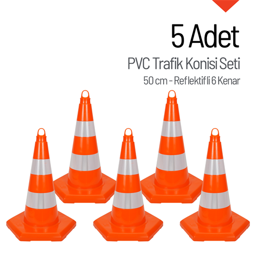 5 Adet PVC Trafik Konisi 50 cm Reflektifli - Ağırlıksız Trafik Dubası